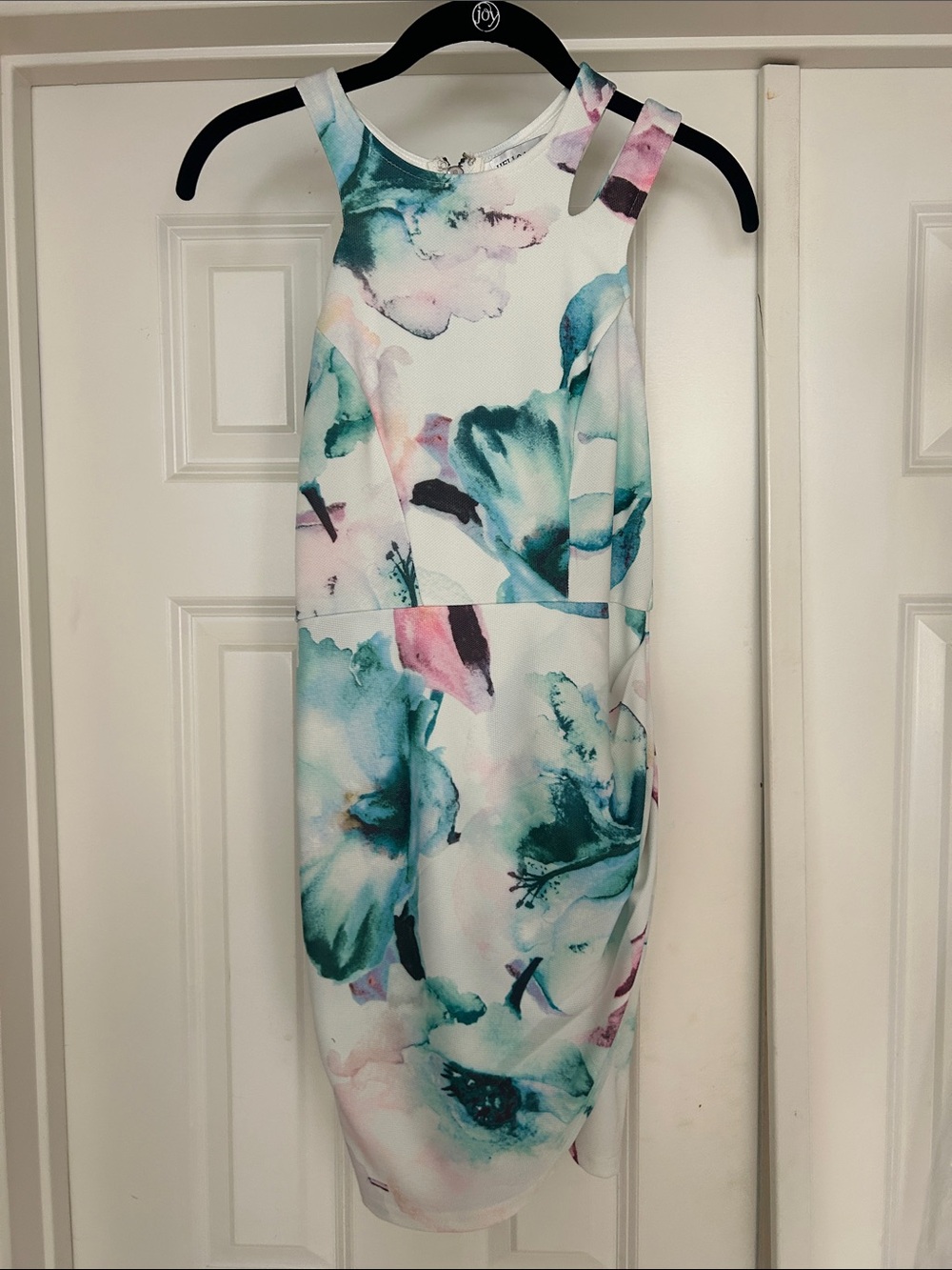 Hello Molly Floral Halter Sheath Dress - White with Teal & Pink - 8 fits like 4